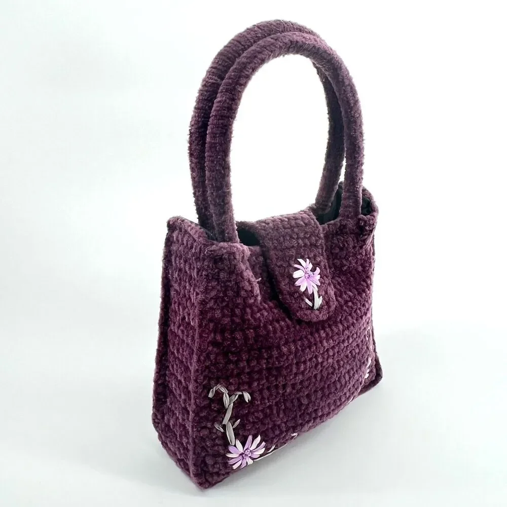 VTG Purple Knit Purse Floral Embroidered Bag + Coin Pouch Cottagecore Coquette